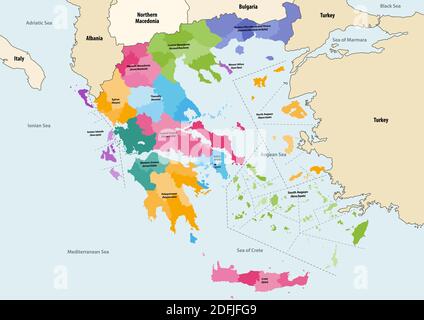 Vector map of Greece provinces colored by regions with neighbouring countries and territories Stock Vector