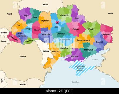 Ukraine regions (oblasts) with administrative divisions (raions) vector map with neighbouring countries and territories Stock Vector