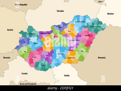 Vector map of districts of Hungary colored by counties with neighbouring countries and territories Stock Vector