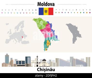 Moldova administrative divisions map. Flag of Moldova. Kishinev cityscape. Vector illustration Stock Vector