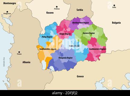 Municipalities of North Macedonia colored by regions with neighbouring countries and territories vector map Stock Vector