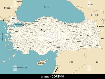 Turkey provinces and districts vector map with neighbouring countries and territories Stock Vector