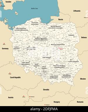 vector map of Poland administrative divisions colored by provinces with neighbouring countries. Polish names gives in parentheses, where they differ f Stock Vector