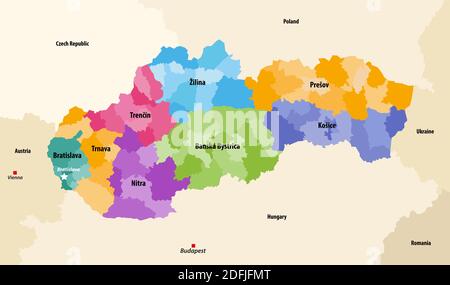 Districts (okresy) of Slovakia colored by regions vector map with neighbouring countries and territories Stock Vector