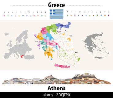 Greece administrative divisions map. Flag of Greece. Athens cityscape. Vector illustration Stock Vector