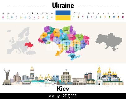 Ukraine regions (oblasts) with administrative divisions (raions) map. Flag of Ukraine. Kiev cityscape. Vector illustration Stock Vector