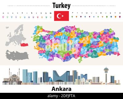 Turkey distrcts colored by provinces map. Ankara cityscape. Vector illustration Stock Vector