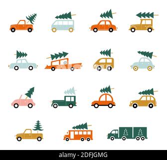 Set of cars in a flat style. A car with a tree on the roof. Christmas icons in flat style. New Year decorative elements for Christmas design. Stock Vector