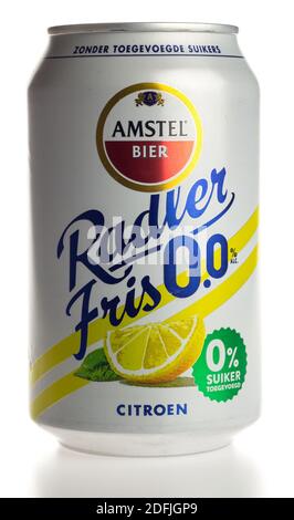 Can of Amstel radler non alcoholic lemon beer isolated on a white background Stock Photo