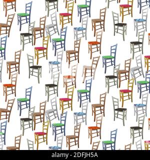 Pattern made of  coloured Wooden Chairs on White Background - Photos Collage Stock Photo