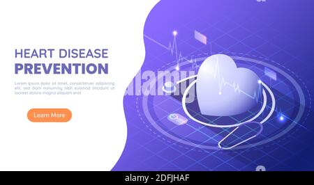 3d Isometric Web Banner Heart with Stethoscope and ECG Heartbeat on Blue and Purple Gradient Background. Heart Disease Prevention or Cardiology and He Stock Vector