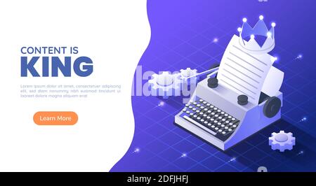3d Isometric Web Banner Typewriter with A Crown and Paper Sheet on Blue Gradient Background. Content Is King and Marketing Concept. Stock Vector