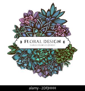 Floral bouquet design with colored succulent echeveria, succulent echeveria, succulent Stock Vector