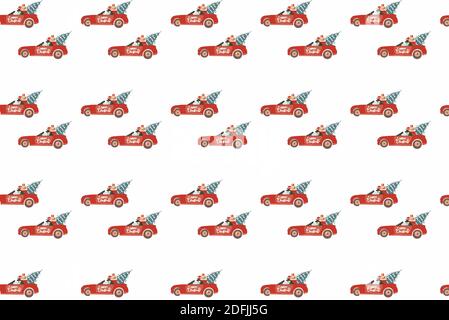 Vector seamless pattern on a New Year s holiday theme with car full of gift boxes and Christmass tree on white background Stock Vector