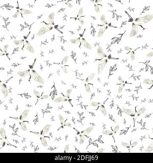 Seamless pattern with Japanese white cranes. Stock Vector