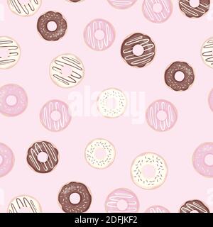Hand drawn donut seamless pattern. Pastry illustration. Vector bakery background design Stock Vector