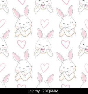 Cute Rabbit with bow sketch vector illustration pattern seamless, hand drawn bunny Background Stock Vector