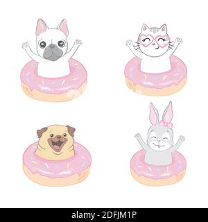 Pets. ?ute cat, rabbit, dog and donut isolated on white background. Vector illustration Stock Vector