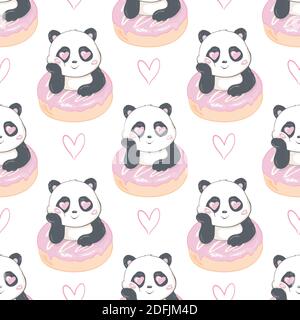 Beautiful panda holding a donut seamless pattern on a white background Stock Vector