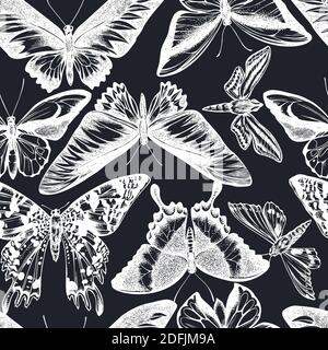 Seamless pattern with hand drawn chalk wallace s golden birdwing, ambulyx moth, white-banded hunter hawkmoth, madagascan sunset moth, emerald Stock Vector