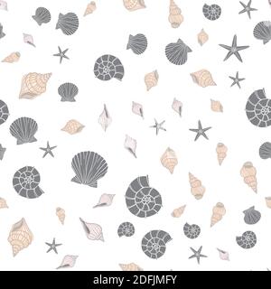 Hand drawn sea illustration. Set of seamless pattern with shells. Vector Stock Vector