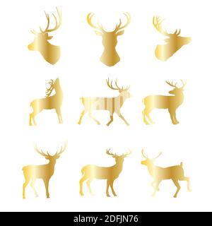 Collection of gold Christmas deer silhouettes isolated on the a white background. Golden Xmas reindeers. Vector illustration. Stock Vector