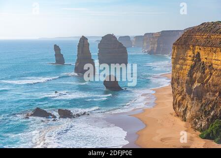 Twelve apostles rock pillars at Port Campbell national park viewed during sunset, Australia Stock Photo