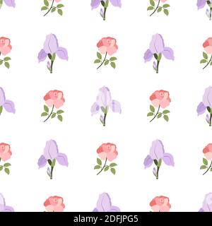Seamless vector pattern with lilac iris and pink rose flowers. Botanical print. Modern design for textile, wrapping paper, background, tissue. Stock Vector