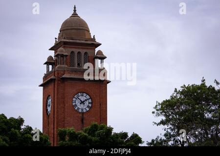 View of historic and popular clock tower near Marina Beach, Chennai, Tamil Nadu, India Stock Photo