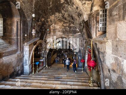 Jerusalem, Israel - October 14, 2017: Underground stairway to Church of the Sepulchre of Saint Mary, known as Tomb of Virgin Mary, at Mount of Olives Stock Photo