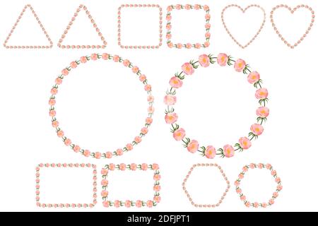 Set of peony bud wreath for celebration design. Isolated vector frame template. Wedding invite graphic element. Six shapes include Stock Vector