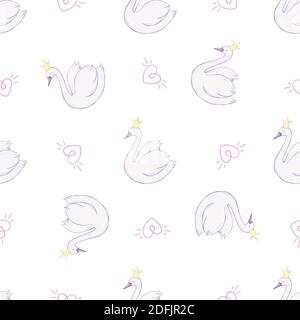 Seamless childish pattern with swan princess. Creative nursery background. Perfect for kids design, fabric, wrapping, wallpaper, textile, apparel Stock Vector