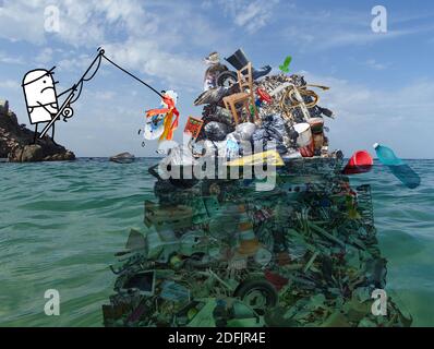 Hand drawn Sad Cartoon man Fishing near a Big pile of Garbage, on Ocean photo - collage Stock Photo