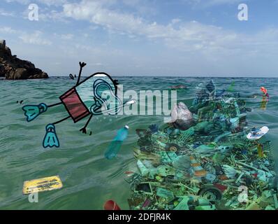 Hand drawn Cartoon Scuba man Diving near a Big pile of Garbage, on Ocean photo - collage Stock Photo