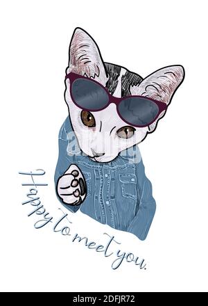 Cool cat wear jeans and sunglasses, friendly character, with Happy to meet you text isolated on white background, vector illustration Stock Vector