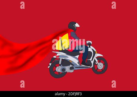 fast delivery service. delivery guy in a red cape superhero with box. illustration Stock Photo