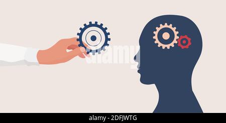 Mental health concept.Therapist or doctor hand holding a gear for as a symbol of mental care.Head with cogs.Psychology and psychiatry. Depression. Stock Vector