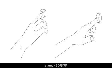 illustration of human index finger pressing round button, line hand drawn graphic, two positions from both sides of arm, isolated linear illustration Stock Vector