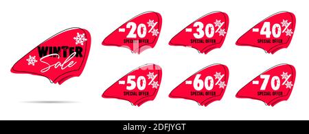 Set of winter sale price tag labels with promo slogan and discount percent made of snowflakes, red isolated shapes with promo copy Stock Vector