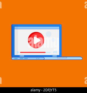 Trendy illustration of a smart computer for watching live video over the Internet on orange background, cartoon flat lay style. Video lessons icon concept. Stock Vector
