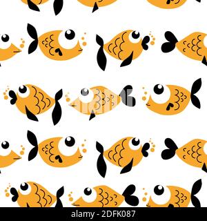 Seamless pattern with cheerful fish. Vector illustration in monochrome hand-drawn cartoon style. Suitable for wallpaper, wrapping paper, children s cl Stock Vector