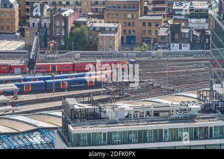 LONDON, UNITED KINGDOM - SEPTEMBER 29th 2020: Aerial view of Waterloo station in London which is served by South Western Railway Stock Photo