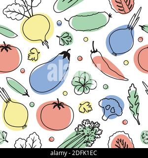 Vegetables seamless pattern. Linear graphic. Vegetables background. Healthy food pattern. Stock Vector