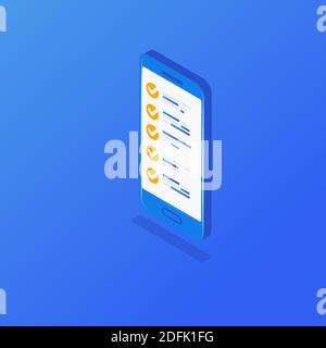 Yellow check mark on isometric screen smartphone. Questionnaire. Online voting concept. Flat isometric vector illustration. Stock Vector