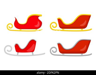 Santa sledge set. Sleigh of santa claus. Christmas slide illustration isolated on white background.  Empty red claus sled collection. Vector symbol, i Stock Vector