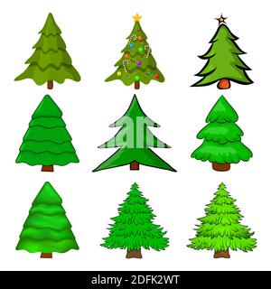 Christmas trees set. Cartoon fir tree illustration isolated on white background. Collection of seasonal pine design. Colourful green pines for xmas ca Stock Vector