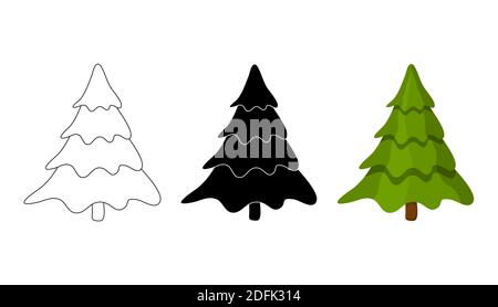 Christmas tree illustration set. Collection vector fir tree isolated on white background. Cartoon, outline and silhouette design. Icon or symbol for w Stock Vector