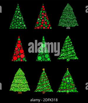 Abstract christmas tree made from dots set. Fir tree made with green circles collection. Vector illustration isolated on black background. Best for re Stock Vector