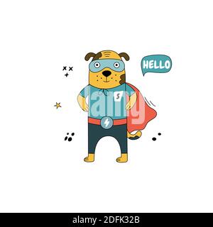 Hand-drawn superhero dog in comic costume. Cute puppy with speech bubble, star and lettering «Hello» Stock Vector