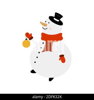 Christmas Snowman character with a ball isolated on a white background. Can be used for christmas card, poster, sticker and etc Stock Vector
